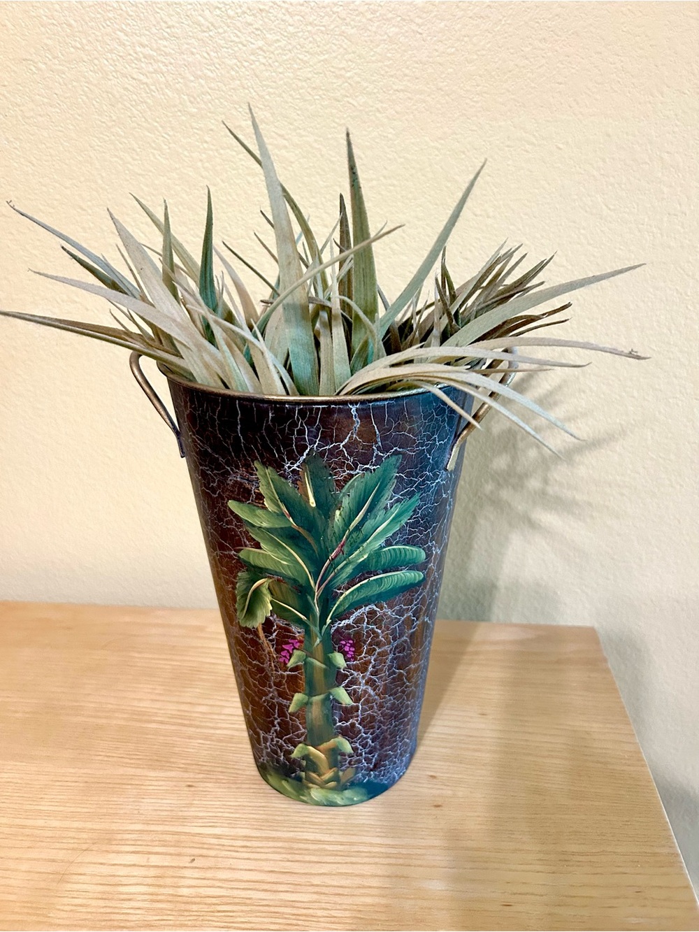 Decorative Metal Bucket W/Cracked Finish/Tropical Plant Painted